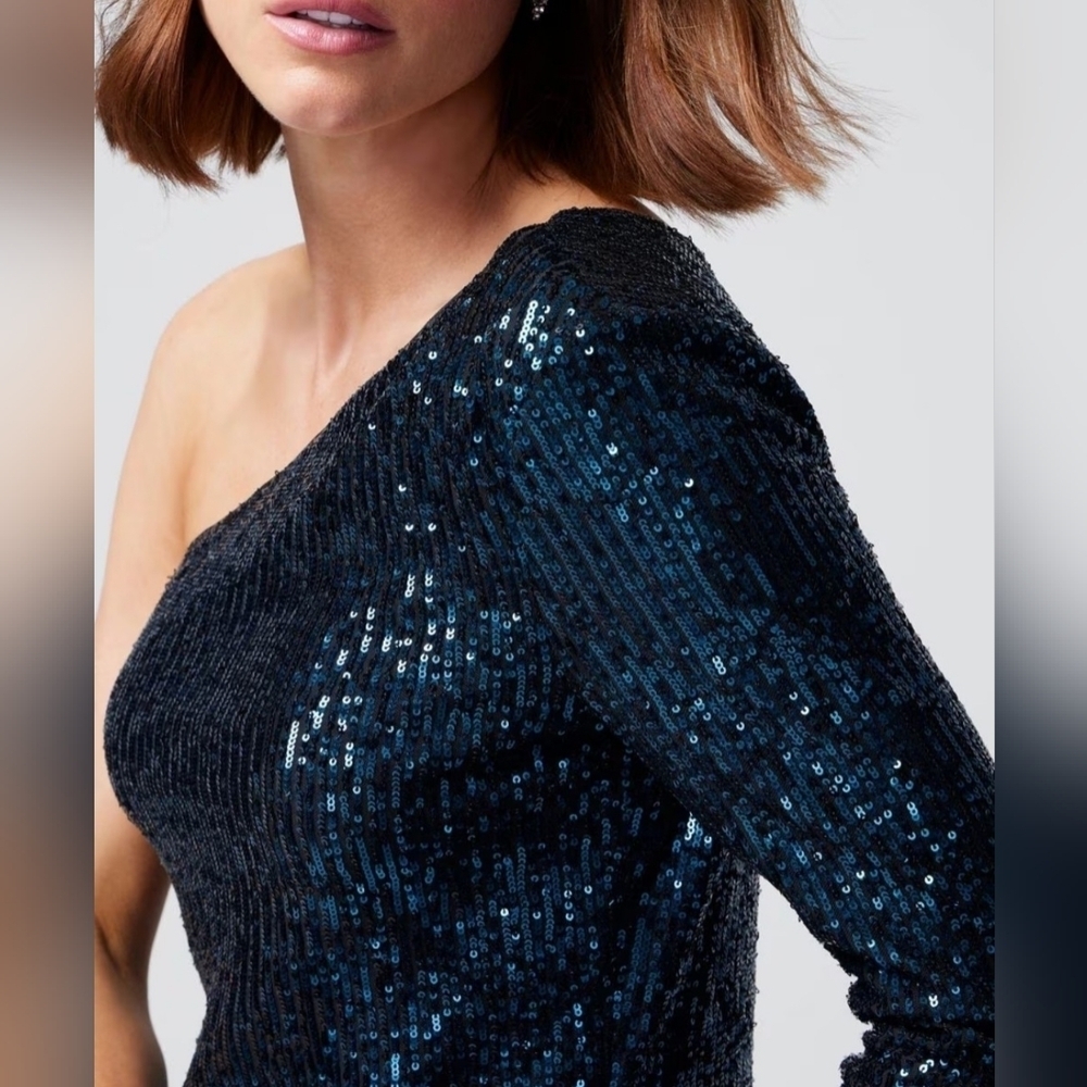 WHBM Blue Sequined Exposed Shoulder‎ Evening Blouse